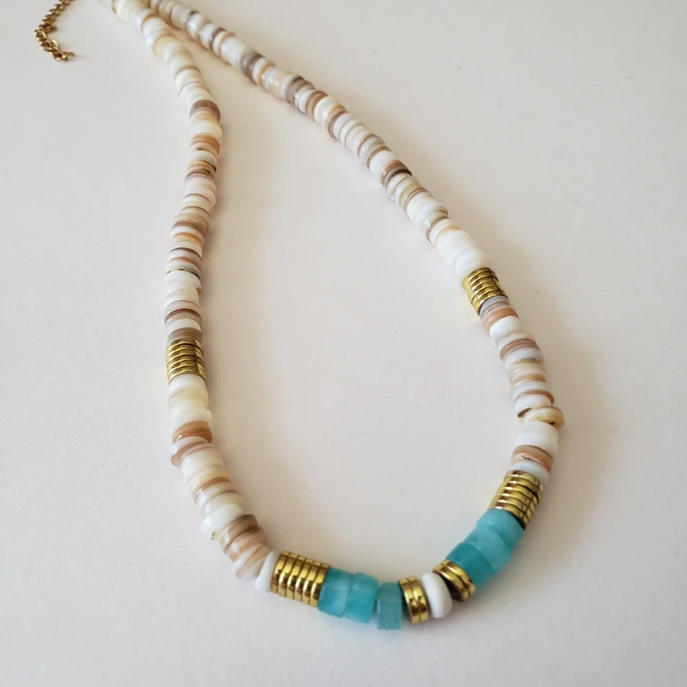 shell beaded necklace with blue stone and gold tone hardware, - Picture 2 of 6